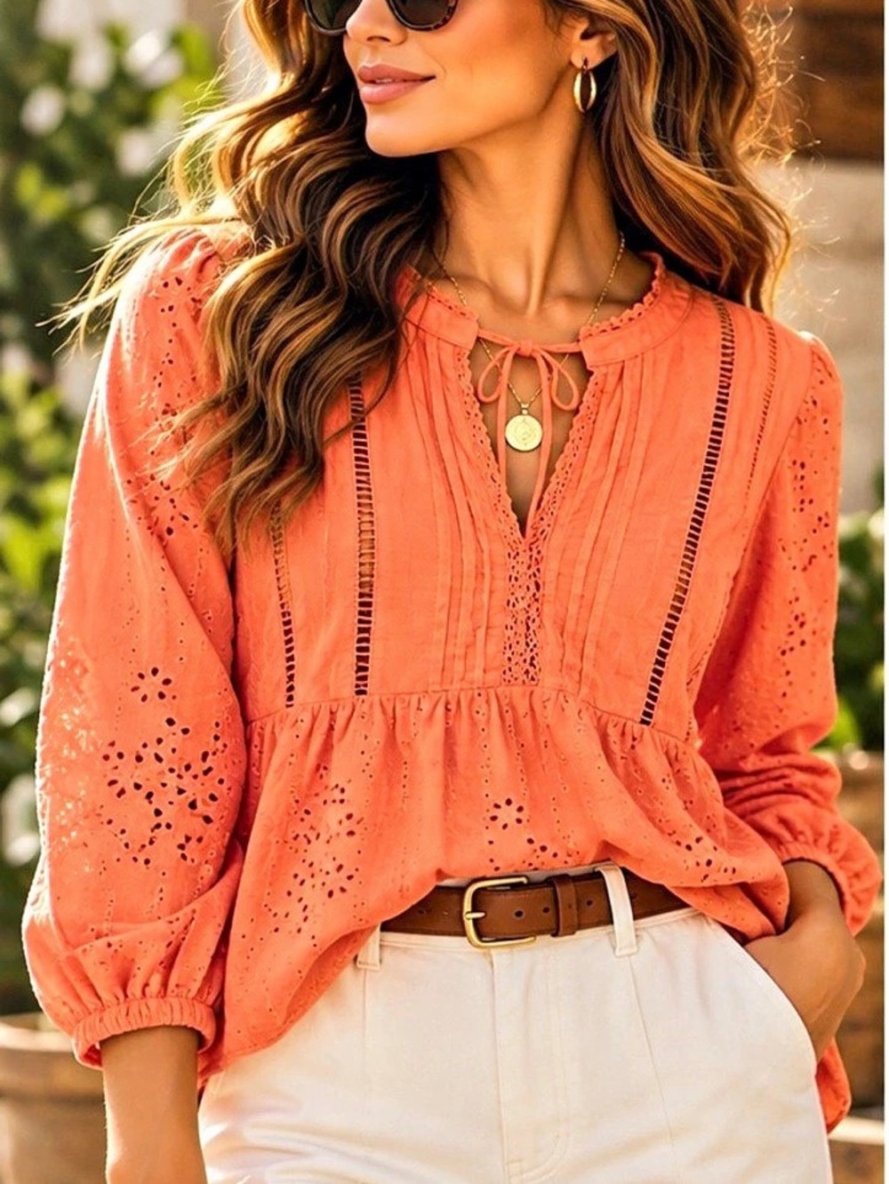 LIV Los Angeles Eyelet Embroidered Cotton Peplum Blouse S